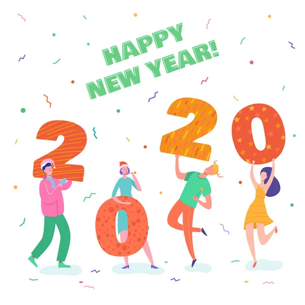 Tarjeta de felicitación de Navidad y Feliz Año Nuevo con personajes bailarines con año 2020. Las mujeres invitan y celebran, fiesta, vacaciones de invierno. Ilustración vectorial para postal, póster, invitación — Vector de stock