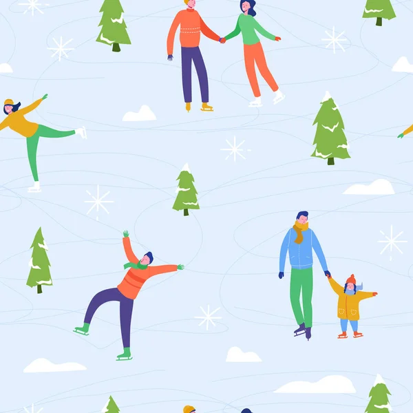 Winter season illustration Background with people characters family ice skating. Christmas and New Year Holiday seamless pattern for design, wrapping paper, invitation, greeting card, poster. Vector