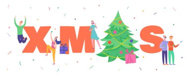 Xmas Parti Kartı veya Davetiye Afişi. İnsanlar karakterler dans, aile ve arkadaşlar Mutlu Noeller ve Happy New Year gece kutluyor. Vektör çizimi
