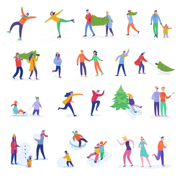 Набор людей Семейные персонажи танцуют, празднуют, играют в снежки, катаются на лыжах. С Новым годом и Рождеством. Зимнее Рождество партии женщин и мужчин шаблон. Векторная иллюстрация — стоковый вектор