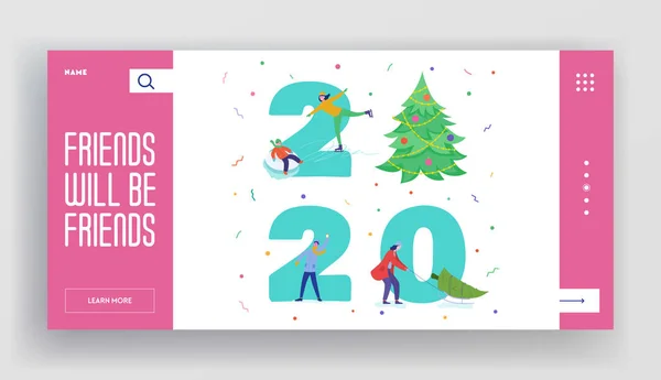 Winter vakantie landing page sjabloon. Merry Christmas en Happy New Year website lay-out met mensen personages vieren 2020. Aangepaste mobiele website vrienden partij. Vector illustratie — Stockvector