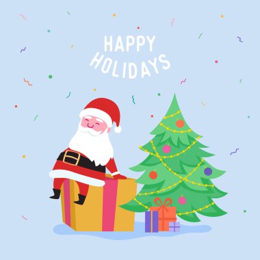 Noel Baba, Hediye Kutuları ve Xmas Parti Ağacı ile Happy Holidays Tebrik Kartı. Mutlu Noeller Kartpostalı. Poster, Davetiye için Santa ile Happy New Year Banner. Vektör çizimi