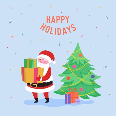 Noel Baba, Hediye Kutuları ve Xmas Parti Ağacı ile Happy Holidays Tebrik Kartı. Mutlu Noeller Kartpostalı. Poster, Davetiye için Santa ile Happy New Year Banner. Vektör çizimi