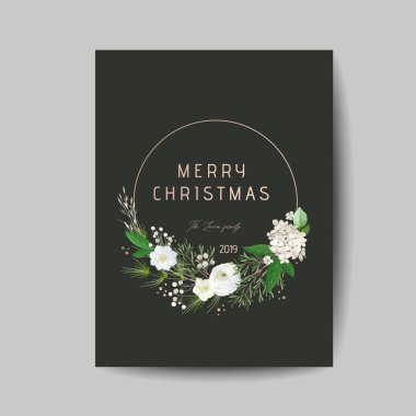 Çam Çelengi, Ökseotu, Kış Bitkileri 'nin selamlama tasarımı, davetiye 2019, el ilanı, broşür, vektör ile kaplanmış zarif Mutlu Noeller ve yeni yıl kartı.
