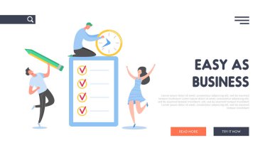 Checklist Açılış Sayfası ile Birlikte Çalışan İş Adamları. İş Görevleri Listesini Tamamlayan Küçük Karakterler. Web Sitesi için Onay Kutuları ile Belge Yapmak için Erkek ve Kadın. Vektör çizimi