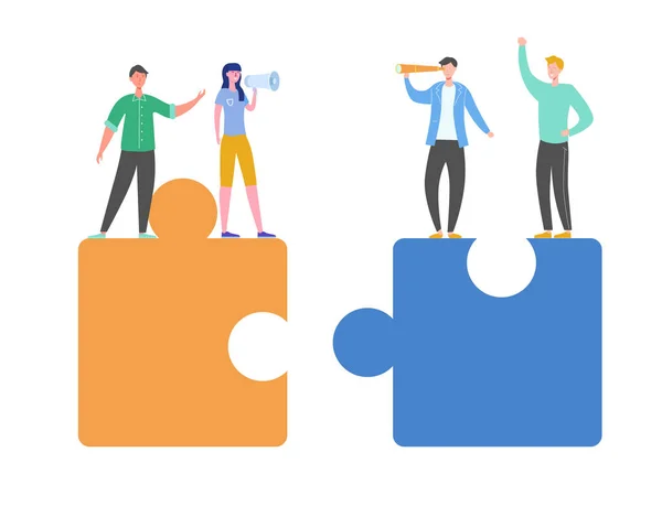 Business-Teamwork-Konzept. winzige Figuren, die Puzzleteile verbinden. kreative Lösungen, Zusammenarbeit und Partnerschaft mit Menschen, die zusammenarbeiten. Frau mit Megafon. Vektorillustration — Stockvektor