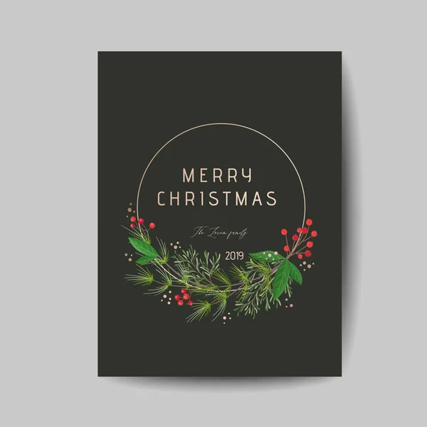 Elegant Merry Christmas and New Year 2020 Card with Pine Wreath, Mistletoe, Winter plants design illustration for gresting, invitation 2019, flyer, brochure, cover in vector — 스톡 벡터