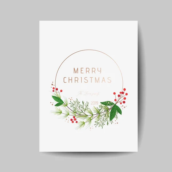 Elegáns Merry Christmas and New Year 2020 kártya fenyő koszorú, fagyöngy, Téli növények design illusztráció üdvözlet, meghívó 2019, szórólap, prospektus, borító vektor — Stock Vector