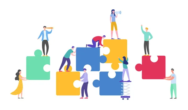 Business Teamwork Concept. Personnages minuscules connectant des pièces de puzzle. Solutions créatives, collaboration et partenariat avec des personnes travaillant ensemble. Illustration vectorielle — Image vectorielle