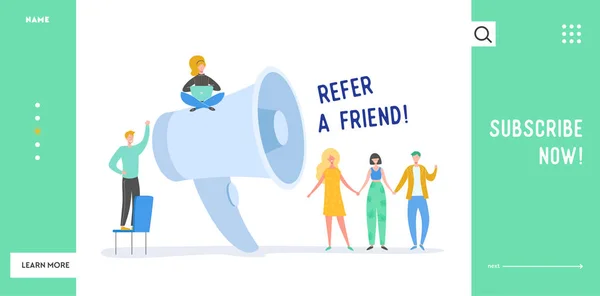 Refer a Friend Digital Marketing Landing Page Template. Megaphone Promotion with People. Loudspeaker with Tiny Characters. Social Media Communication Website Banner. Vector flat cartoon illustration — Stock Vector