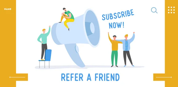 Refer a Friend Digital Marketing Landing Page Template. Megaphone Promotion with People. Loudspeaker with Tiny Characters. Social Media Communication Website Banner. Vector flat cartoon illustration — Stock Vector