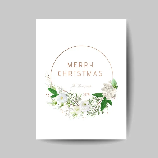 Κομψά Καλά Χριστούγεννα και Πρωτοχρονιά 2020 Κάρτα με στεφάνι πεύκου, γκι, Χειμερινά φυτά σχεδιαστική απεικόνιση για χαιρετισμούς, πρόσκληση 2019, φυλλάδιο, εξώφυλλο σε διάνυσμα — Διανυσματικό Αρχείο