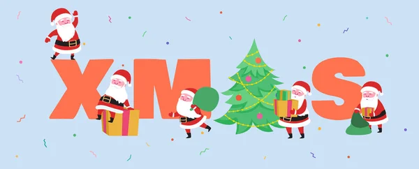 Felices Fiestas Tarjeta de felicitación con Santa Claus, Cajas de Regalos para Fiesta de Navidad. Feliz postal de Navidad. Feliz año nuevo 2020 Banner con Santa para cartel, Invitación. Ilustración vectorial — Archivo Imágenes Vectoriales