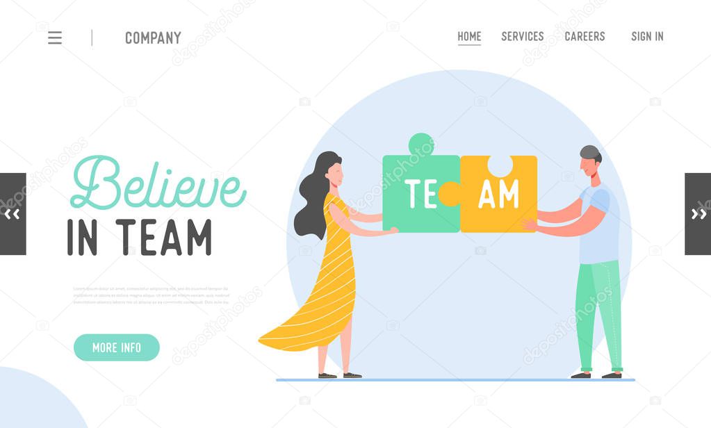 Business Teamwork Concept Landing Page. Man and Woman Characters Connecting Puzzle Pieces. Creative Solutions, Collaboration and Partnership with People for Banner, Website. Vector illustration