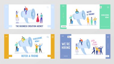 Biz Kiralama, Büyük Hoparlör ve İş İnsanlar ile Bir Arkadaş Açılış Sayfası Şablon Seti Bakın. Adaylarla İşe Alım Ajansı Mülakatı. Web Sitesi Banner için İnsan Kaynakları. Vektör çizimi