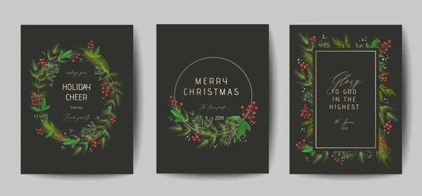 一套优雅的圣诞快乐和新年2020卡与松花环，甲虫，冬季植物设计插图的问候，邀请2019年，传单，小册子，封面在矢量 — 图库矢量图片