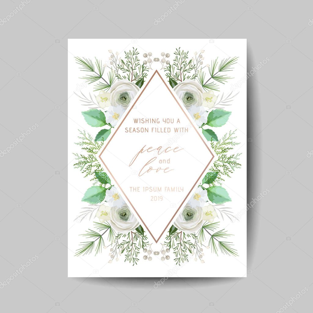 Elegant Merry Christmas and New Year 2020 Card with Pine Wreath, Mistletoe, Winter plants design illustration for greetings, invitation 2019, flyer, brochure, cover in vector