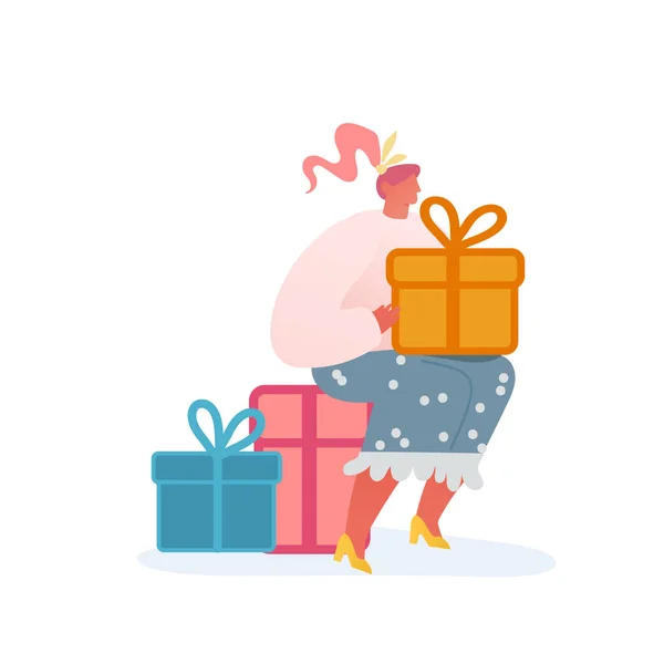 Přání k Vánocům a šťastné novoroční přání se znaky osob. Žena s dárky, oslavou, párty, Zimní prázdniny. Vektorová ilustrace pro pohlednici, plakát, pozvánku — Stockový vektor