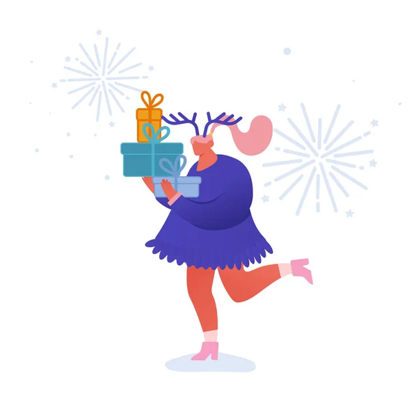 2020 yılı ile dans eden insanlar karakterleri ile Noel ve Happy New Year tebrik kartı. Girfts, kutlama, parti, kış tatilleri ile kadın. Kartpostal, poster, davetiye için vektör çizimi — Stok Vektör
