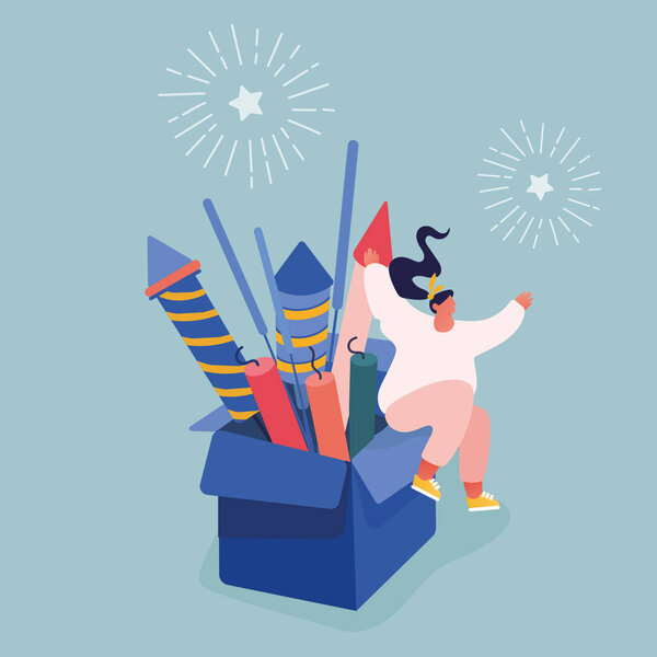 People celebrating New Year or Happy Birthday Party. Men and Women Characters launching and watching explosion of firework rockets, celebrating holidays. Vector concept illustration