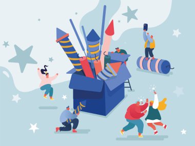 İnsanlar Yeni Yıl veya Happy Birthday Party kutluyor. Erkek ve Kadın Karakterler başlatılması ve havai fişek roketleri patlama izlerken, tatil kutluyor. Vektör kavramı illüstrasyonu