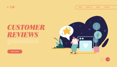 Kadın web tasarımı, afiş, açılış sayfası için inceleme bırakarak. Müşteri deneyimi ve memnuniyeti, olumlu geribildirim, beş yıldızlı derecelendirme, ürün veya hizmet inceleme ve değerlendirme. Vektör çizimi