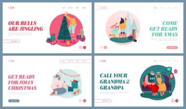 Kış ŞenlikSezonu Web Sitesi Açılış Sayfaları Seti, Xmas Kutlama. Noel Tatili Kutluyor. İnsanlar Karakterler Noel Ağacı süsleyin, hediyeler Web Sayfası Banner vererek. Vektör İllüstrasyonu