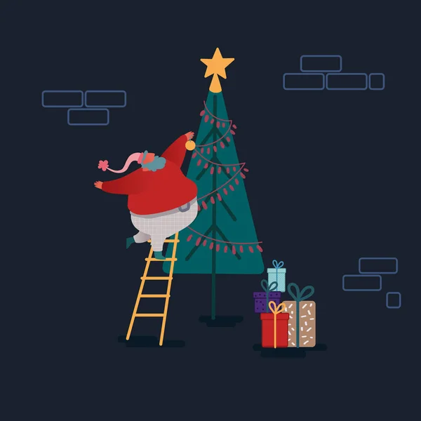 Lustige Weihnachtsmänner im flachen Stil. Weihnachtsmann schmückt Weihnachtsbaum. festliche Zeichen für Weihnachtskarte, Design, Papier. Vektorillustration — Stockvektor