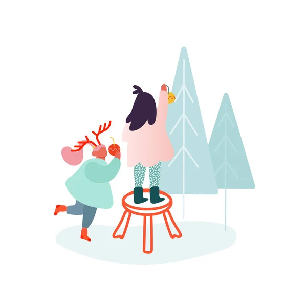 Χριστούγεννα σεζόν και χειμερινή οικογενειακή γιορτή, παιδιά, τα κορίτσια διακοσμούν Χριστούγεννα δέντρο. Ο χαρακτήρας του λαού γιορτάζει την Πρωτοχρονιά. Καλά Χριστούγεννα πάρτι διακοπών. Απεικόνιση διανυσματικών φορέων. — Διανυσματικό Αρχείο