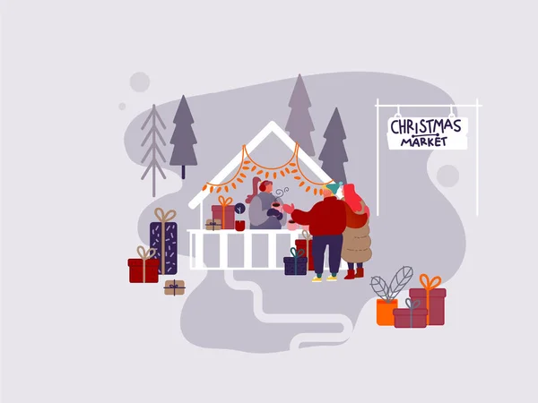 Lidé postavy nakupují na vánočním trhu nebo prázdninový venkovní veletrh na náměstí, na novém roce. Muž a žena kupují dárky a dárky, popíjí horkou kávu. Ilustrace designu vektoru — Stockový vektor