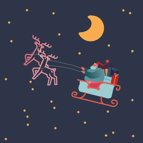 Grappige kerst Kerstman in platte stijl. Santa paardrijden slee met geschenken en cadeautjes. Feestelijke personages voor kerstkaart, ontwerp, papier. Vector illustratie — Stockvector