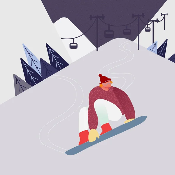 男子滑雪板在雪山，冬季运动的人性格剪影活动。主动休息滑雪板。矢量插图 — 图库矢量图片