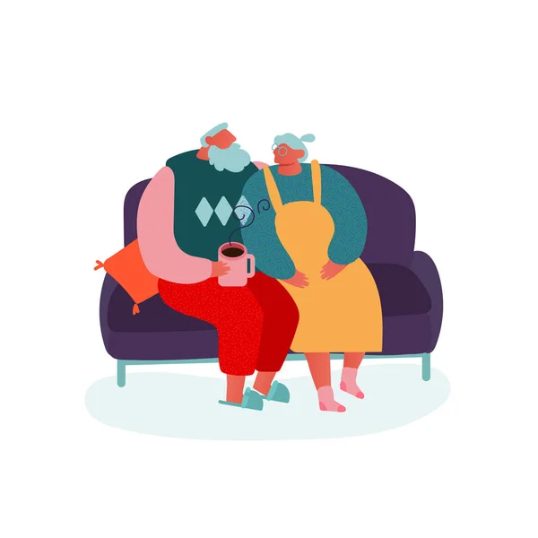 クリスマスシーズンと冬の家族のお祝い、おばあちゃんとおじいちゃんはソファに座っています。大晦日を祝う人々のキャラクター。メリークリスマスホリデーパーティー。ベクトルイラスト. — ストックベクタ