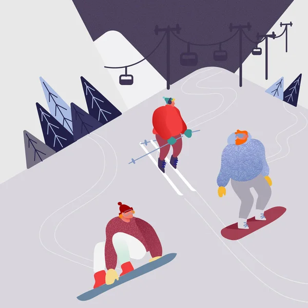 女人和男人在山里滑雪。在雪景背景上，人们与滑雪板的性格。冬季户外休闲度假，极限运动。矢量插图 . — 图库矢量图片
