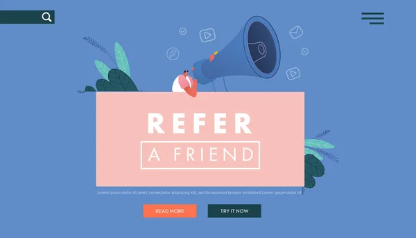 Landing Page with Man and Megaphone Referring A Friend Concept Design, Website with People Character share info about referral and earn money. Web, ui, mobile app, template. Vector Illustration — Stock Vector