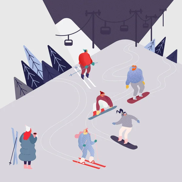 收集人物，男女滑雪，单板滑雪，越野滑雪，滑雪，跳跃，在度假村聚会。冬季运动剪影在不同的姿势。矢量插图 — 图库矢量图片
