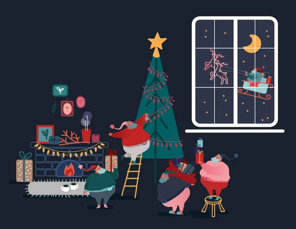 Rolig jul Santa Claus i platt stil. Set av Santa dekorera Xmas Tree, ger presenter, förbereda gåvor, ridning kälg. Festliga karaktärer för julkort, design, papper. Vektor illustration — Stock vektor