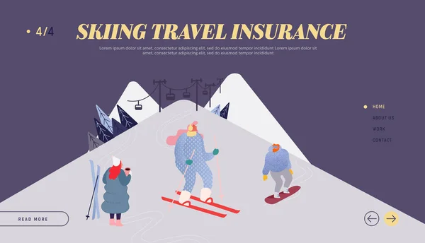 People Skiing, Snowboarding Website Landing Page. Man and Woman Characters Winter Season Sport Activity at Mountain Resort, Recreation Lifestyle Web Page Banner Concept. Vector Illustration — Stock Vector