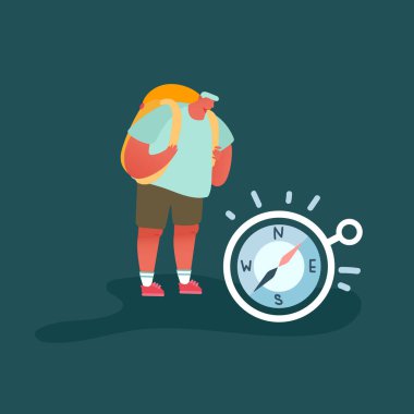 Pusula ve sırt çantalı Erkek Macera Turizmi Karakteri. Yurtdışına seyahat, yaz tatili planlama, sırt çantası tasviri. Düz Çizgi film Vektörü