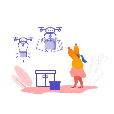 İnsanların Quadcopter 'ı kontrol ettiği İHA Teslimat Servisi kavramı. Çevrimiçi Kadın Karakterler Satın Alma. Helikopterin Teknoloji Kontrol Uçuşu. Ulaşım için uçak ekipmanları. Vektör İllüstrasyonu