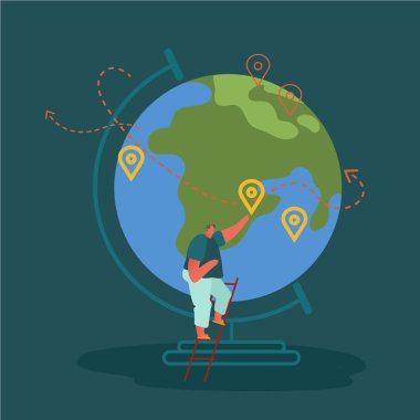 Erkek Macera Turizmi Karakteri, Dünya 'yla Ayakta Durma, Yaz Tatili Planlama, Yurtdışı Seyahat İllüstrasyonu. Düz Çizgi film Vektörü