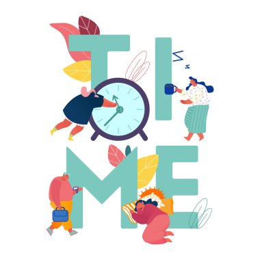 Concept Time Management, Aceleci İşadamı, Alarm Saat Yüzükleri, Afiş için Uyuyan Kadın, Sunum, Sosyal medya, posterler. Vektör illüstrasyonu