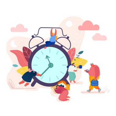Concept Time Management, Aceleci İşadamı, Alarm Saat Yüzükleri, Afiş için Uyuyan Kadın, Sunum, Sosyal medya, posterler. Vektör illüstrasyonu