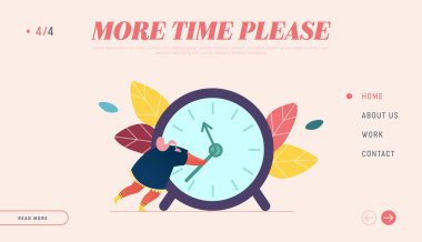 İniş Sayfa Yönetimi Konsepti. Kadın Karakter Tutucu Saat Oklu Web sitesi veya Web Sayfası Şablonu. Etkili takım çalışması. Çizgi film Düz Vektör İllüstrasyonu