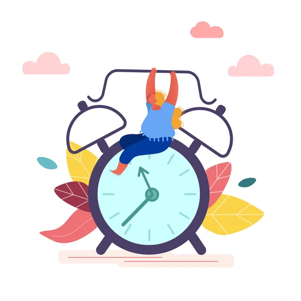 Concepto de Gestión del Tiempo, Alarma del Reloj de la Mujer. Empresaria está tratando de detener el tiempo para pancartas, presentaciones, redes sociales, carteles. Dibujos animados plana Vector ilustración — Vector de stock