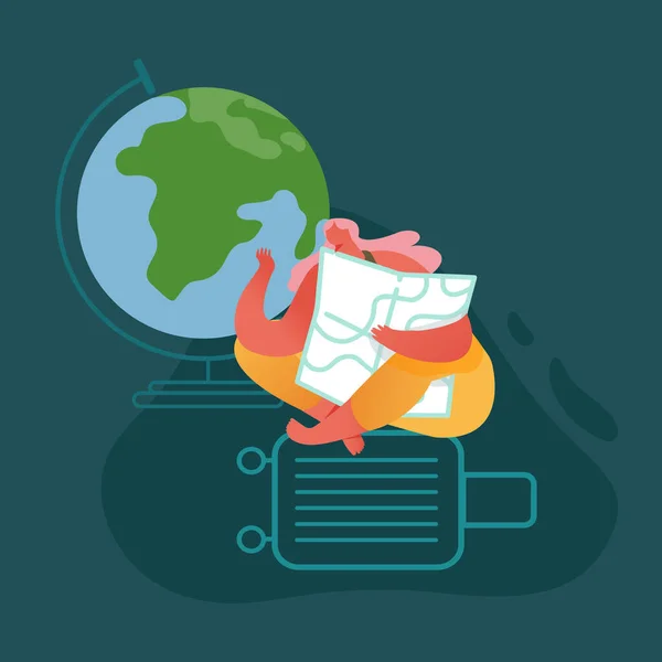 Woman Character with Globe and Suitcase on Adventure Tourism, Traveling за кордоном, Planning Summer Vacation Trip, Backpacking Concept Illustration. Flat Cartoon Vector — стоковий вектор