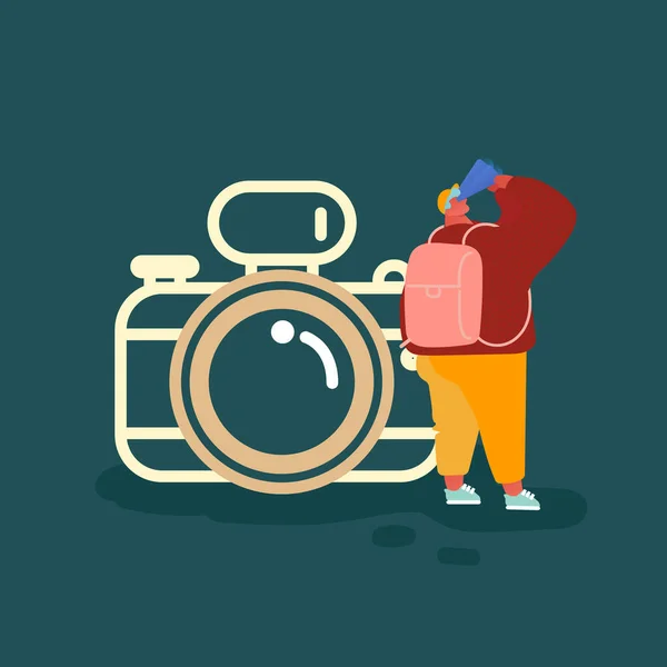 Postać człowieka na przygodę Turystyka z aparatem fotograficznym, Podróż za granicę. Ludzie planujący wakacyjną wycieczkę, Backpacking Concept Illustration. Płaski wektor kreskówki — Wektor stockowy