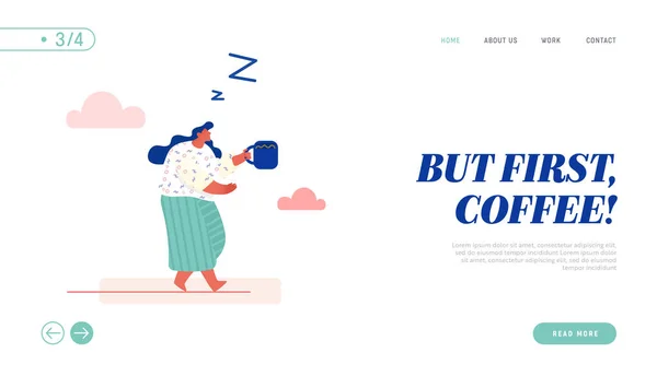 Concept Time Management Landing Page, Sleepy Woman Drinking Coffee for Website or Web Page Template (en inglés). Dibujos animados plana Vector ilustración — Archivo Imágenes Vectoriales