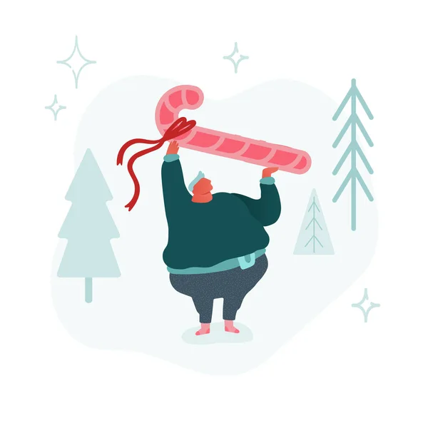 Festliche Winterzeit Urlaub Illustration. Menschen und Weihnachten traditionelle Symbole Mann mit Zuckerrohr auf weißem Hintergrund. Cartoon flache Vektorillustration — Stockvektor