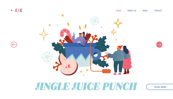 Горячий напиток для холодного сезона. Женский персонаж, стоящий на огромном кубке с горячим пуншем или глинтвейном. Праздничный зимний напиток на веб-странице баннер. Мультипликационный вектор
